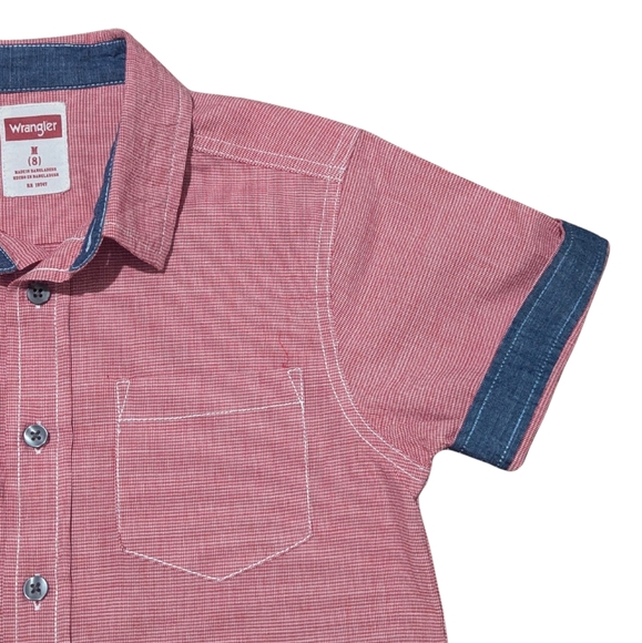 Wrangler Boys' Short Sleeve Button-Up Shirt – Red with Denim Trim, Size 8 (M)Add - Picture 3 of 4